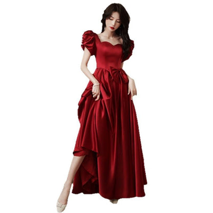 Short Puff Sleeve Sweetheart Neck Plain Bow Beaded Satin A-Line Evening Dress