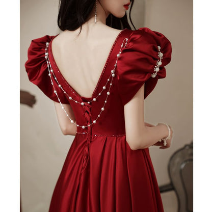 Short Puff Sleeve Sweetheart Neck Plain Bow Beaded Satin A-Line Evening Dress
