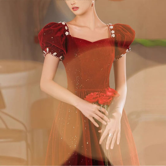 Short Puff Sleeve Sweetheart Neck Plain Glitter Beaded Velvet Midi A-Line Cocktail Dress / Evening Dress