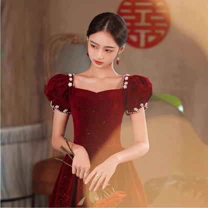 Short Puff Sleeve Sweetheart Neck Plain Glitter Beaded Velvet Midi A-Line Cocktail Dress / Evening Dress