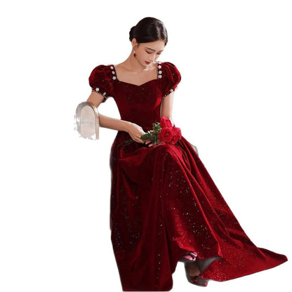 Short Puff Sleeve Sweetheart Neck Plain Glitter Beaded Velvet Midi A-Line Cocktail Dress / Evening Dress