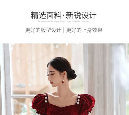 Short Puff Sleeve Sweetheart Neck Plain Glitter Beaded Velvet Midi A-Line Cocktail Dress / Evening Dress