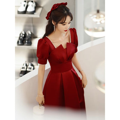 Short Puff Sleeve Square Neck Plain Faux Pearl Trim Midi A-Line Cocktail Dress / Evening Dress