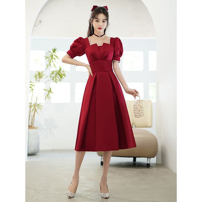 Short Puff Sleeve Square Neck Plain Faux Pearl Trim Midi A-Line Cocktail Dress / Evening Dress