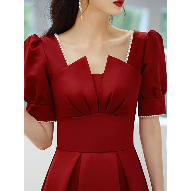 Short Puff Sleeve Square Neck Plain Faux Pearl Trim Midi A-Line Cocktail Dress / Evening Dress
