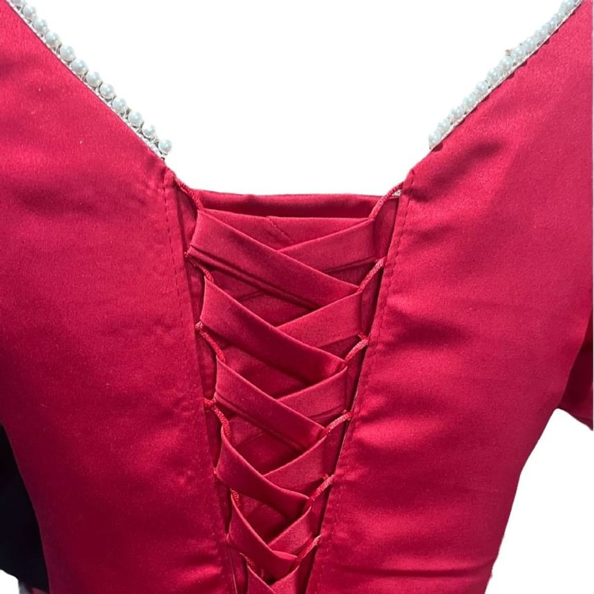 Short Puff Sleeve Square Neck Plain Faux Pearl Trim Midi A-Line Cocktail Dress / Evening Dress