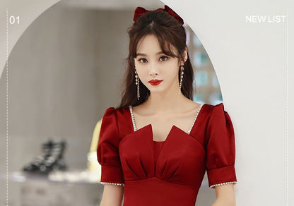 Short Puff Sleeve Square Neck Plain Faux Pearl Trim Midi A-Line Cocktail Dress / Evening Dress