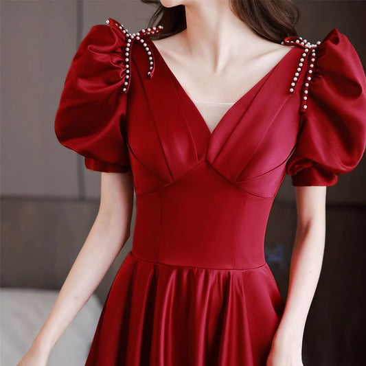 Short Puff Sleeve V-Neck Beaded Bow Mesh Panel Satin A-Line Evening Gown