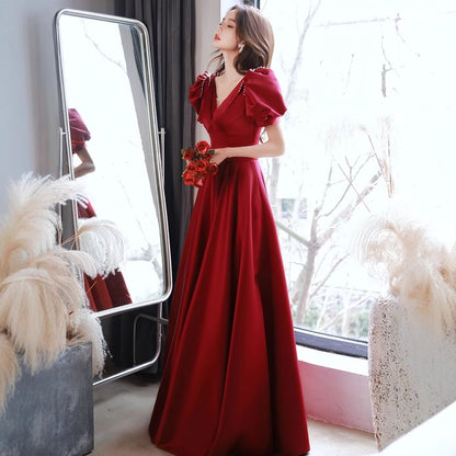 Short Puff Sleeve V-Neck Beaded Bow Mesh Panel Satin A-Line Evening Gown