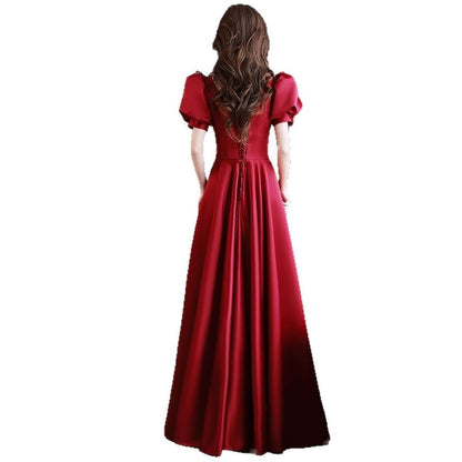 Short Puff Sleeve V-Neck Beaded Bow Mesh Panel Satin A-Line Evening Gown