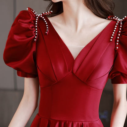 Short Puff Sleeve V-Neck Beaded Bow Mesh Panel Satin A-Line Evening Gown