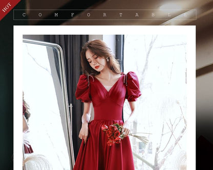 Short Puff Sleeve V-Neck Beaded Bow Mesh Panel Satin A-Line Evening Gown