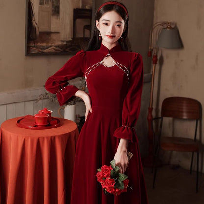 Mandarin Collar Plain Beaded Cutout Velvet A-Line Evening Gown (Various Designs)