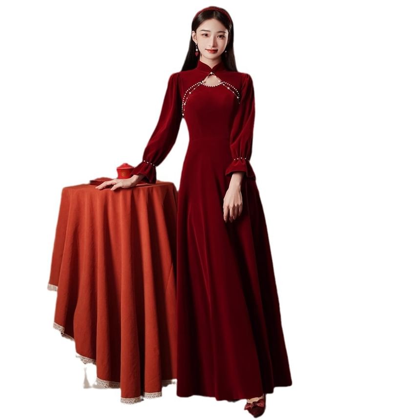 Mandarin Collar Plain Beaded Cutout Velvet A-Line Evening Gown (Various Designs)