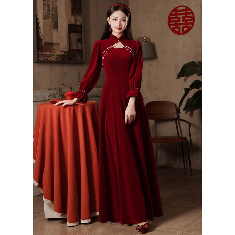 Mandarin Collar Plain Beaded Cutout Velvet A-Line Evening Gown (Various Designs)