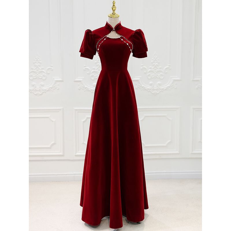 Mandarin Collar Plain Beaded Cutout Velvet A-Line Evening Gown (Various Designs)