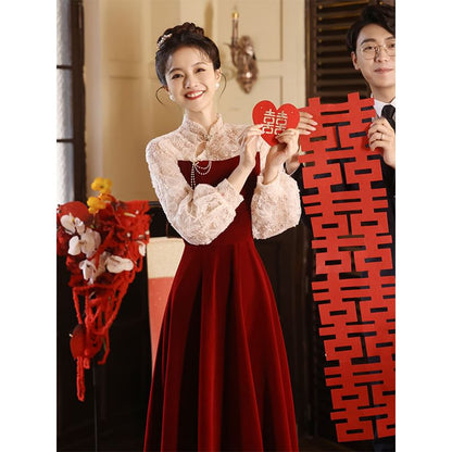 Long Sleeve Mandarin Collar Floral Embroidered Panel Velvet A-Line Evening Gown