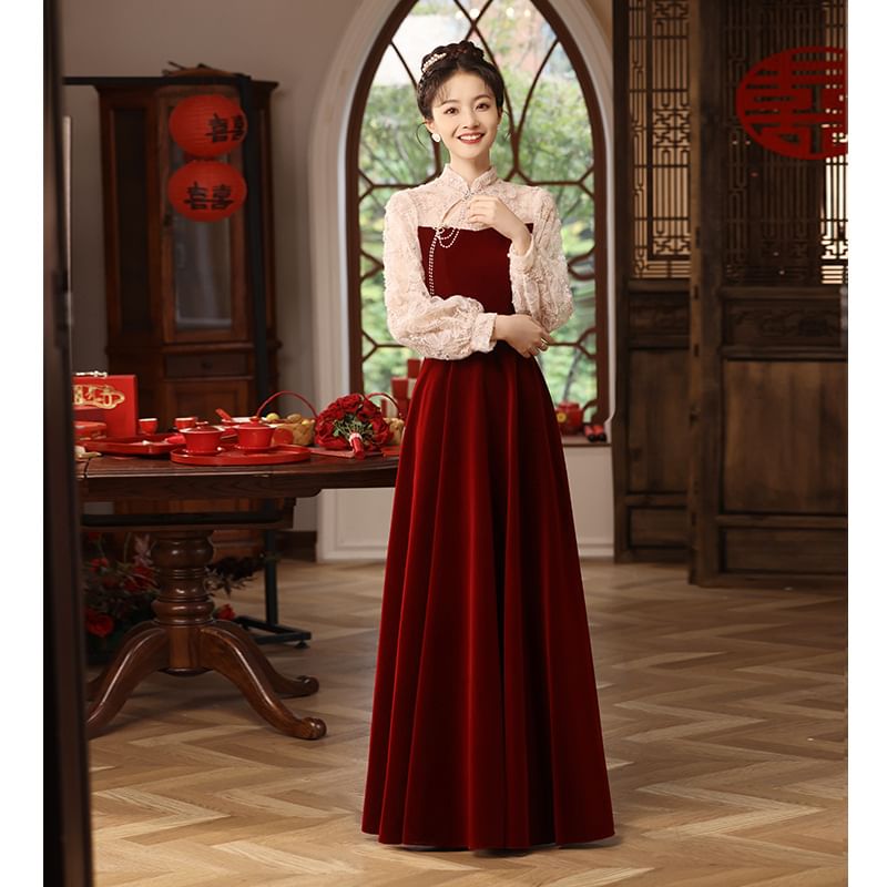 Long Sleeve Mandarin Collar Floral Embroidered Panel Velvet A-Line Evening Gown