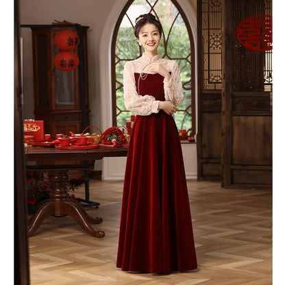 Long Sleeve Mandarin Collar Floral Embroidered Panel Velvet A-Line Evening Gown