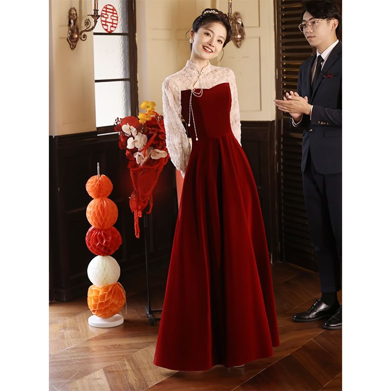 Long Sleeve Mandarin Collar Floral Embroidered Panel Velvet A-Line Evening Gown