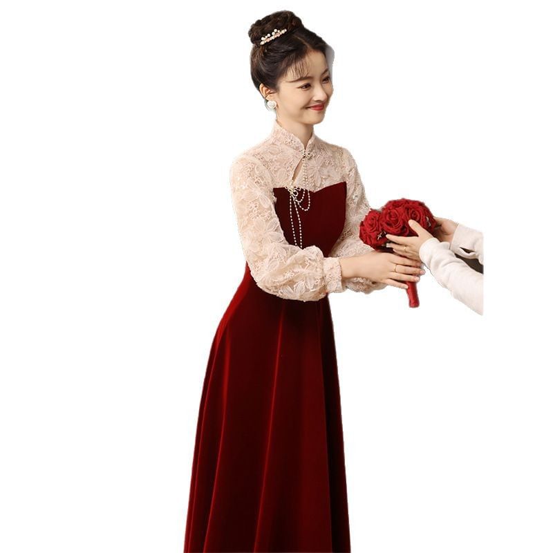 Long Sleeve Mandarin Collar Floral Embroidered Panel Velvet A-Line Evening Gown