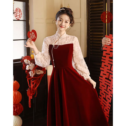 Long Sleeve Mandarin Collar Floral Embroidered Panel Velvet A-Line Evening Gown