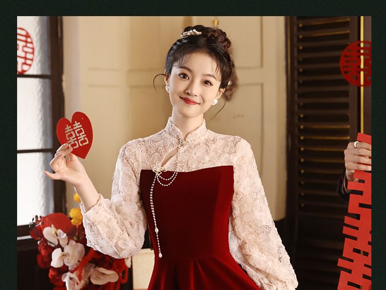 Long Sleeve Mandarin Collar Floral Embroidered Panel Velvet A-Line Evening Gown