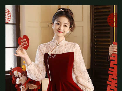 Long Sleeve Mandarin Collar Floral Embroidered Panel Velvet A-Line Evening Gown