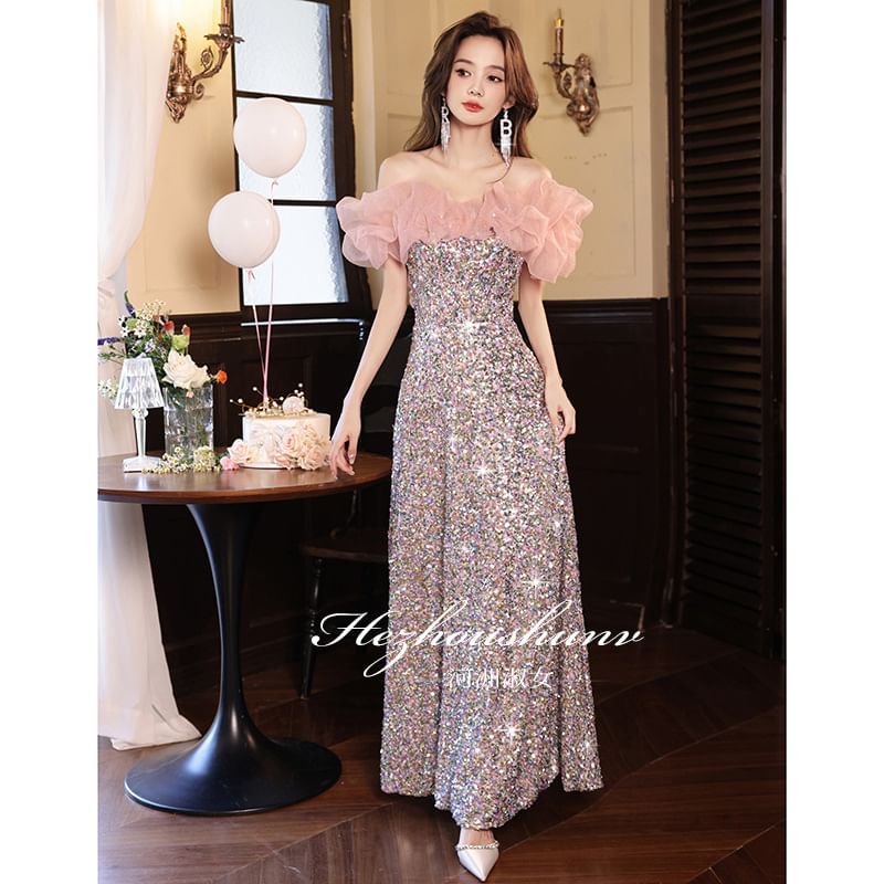 Short Sleeve Off Shoulder Sequin Panel Mesh A-Line Evening Dress