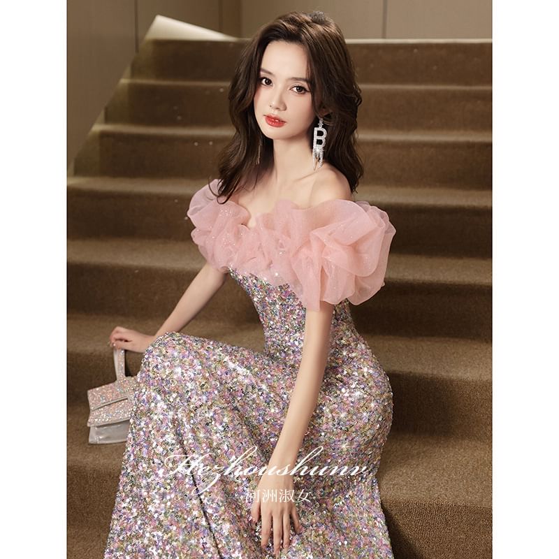 Short Sleeve Off Shoulder Sequin Panel Mesh A-Line Evening Dress