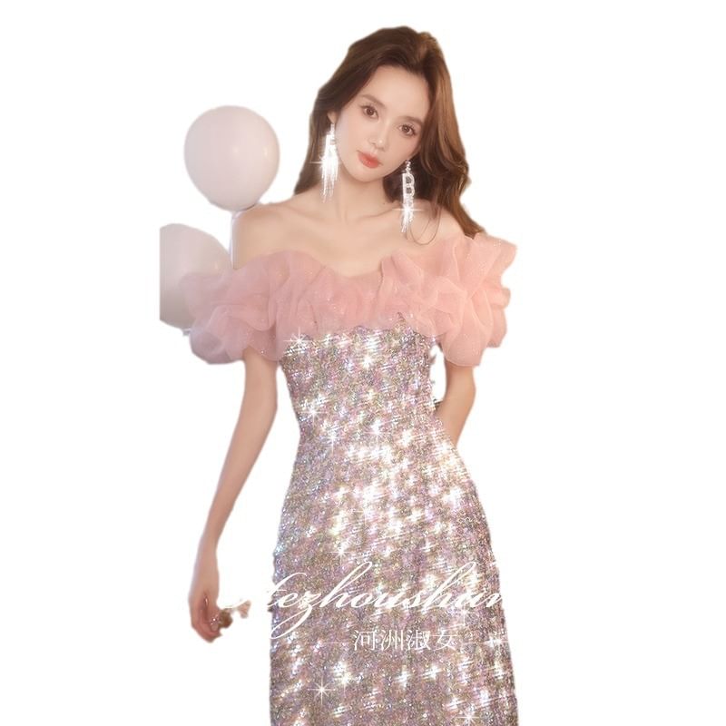 Short Sleeve Off Shoulder Sequin Panel Mesh A-Line Evening Dress