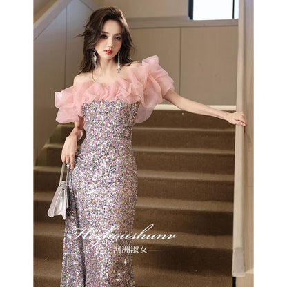 Short Sleeve Off Shoulder Sequin Panel Mesh A-Line Evening Dress