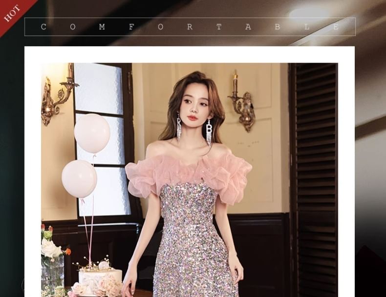 Short Sleeve Off Shoulder Sequin Panel Mesh A-Line Evening Dress