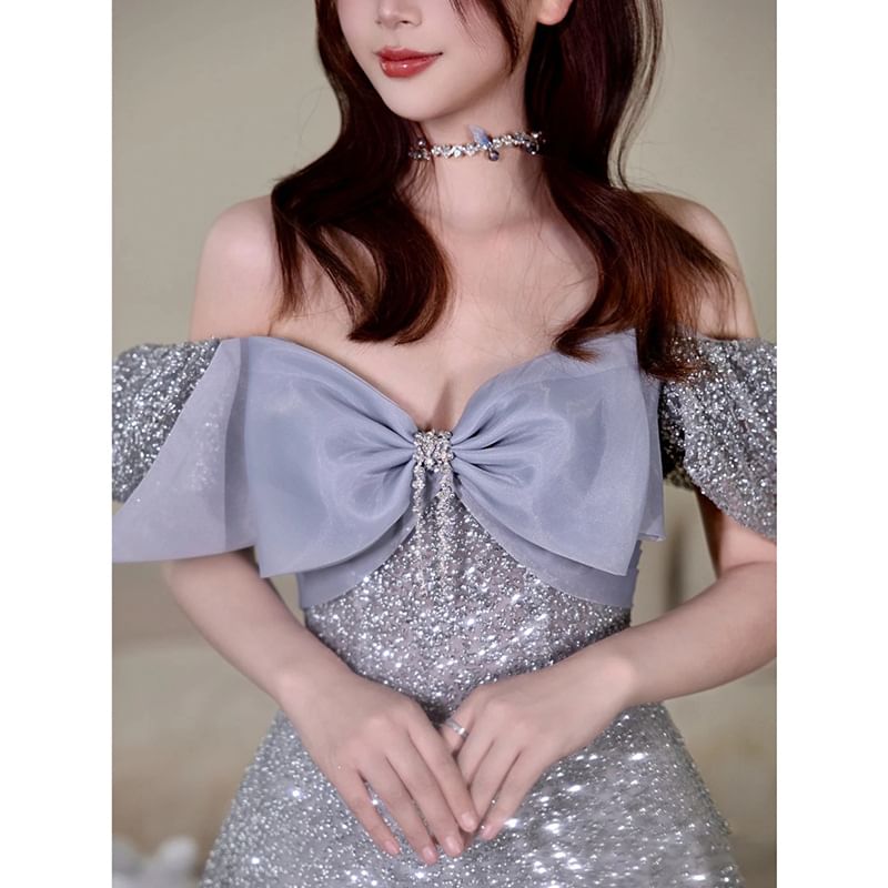 Short Sleeve Off Shoulder Bow Glitter A-Line Evening Gown