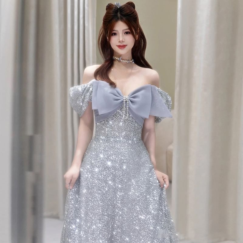 Short Sleeve Off Shoulder Bow Glitter A-Line Evening Gown