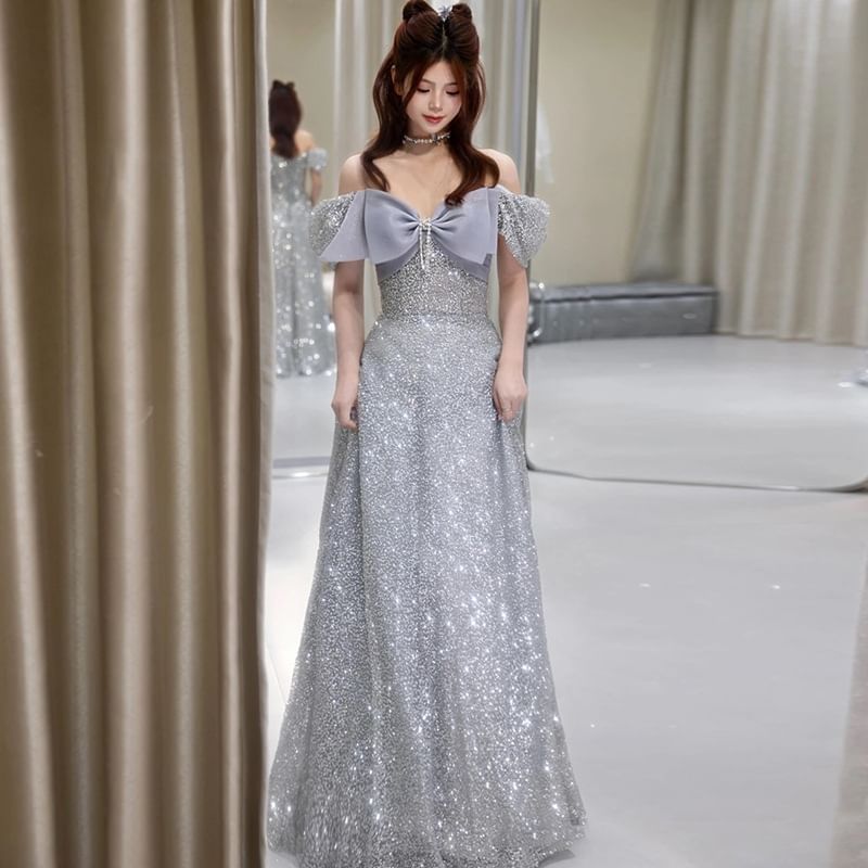 Short Sleeve Off Shoulder Bow Glitter A-Line Evening Gown