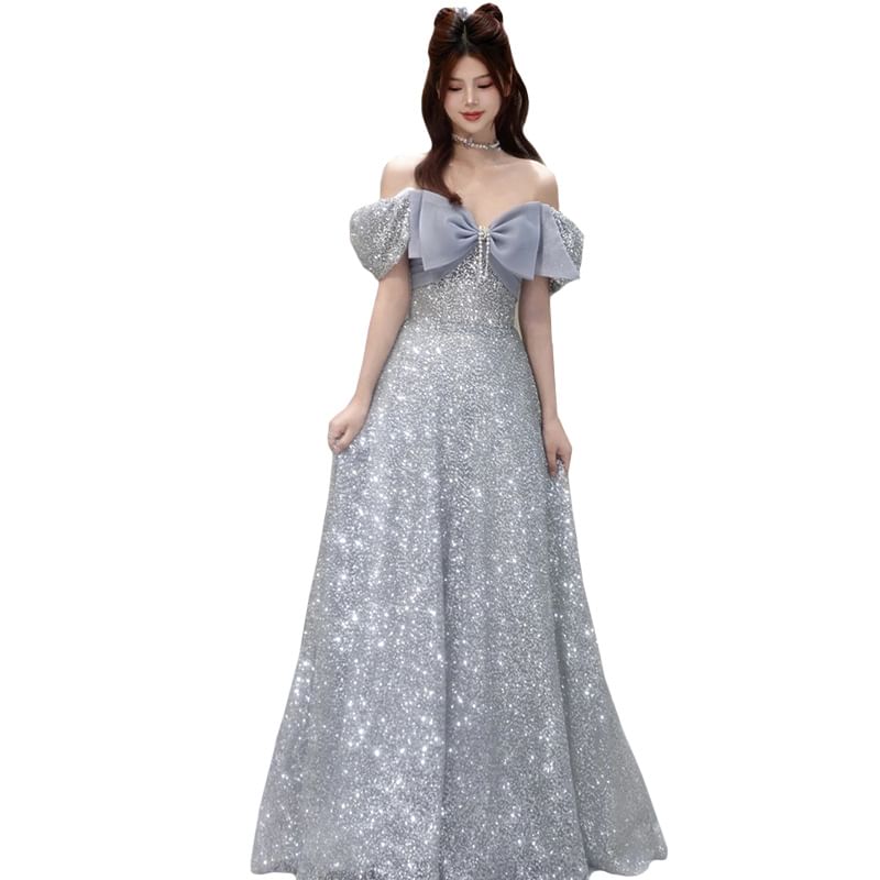 Short Sleeve Off Shoulder Bow Glitter A-Line Evening Gown
