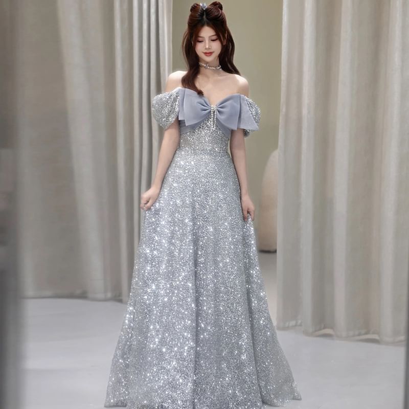 Short Sleeve Off Shoulder Bow Glitter A-Line Evening Gown