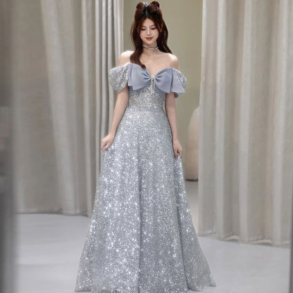 Short Sleeve Off Shoulder Bow Glitter A-Line Evening Gown