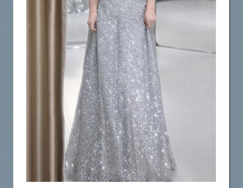 Short Sleeve Off Shoulder Bow Glitter A-Line Evening Gown