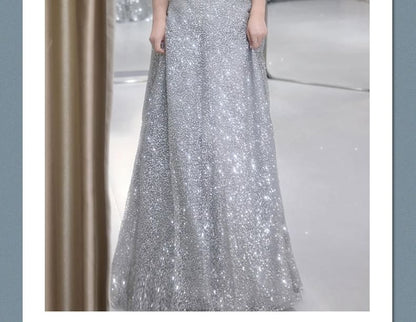 Short Sleeve Off Shoulder Bow Glitter A-Line Evening Gown