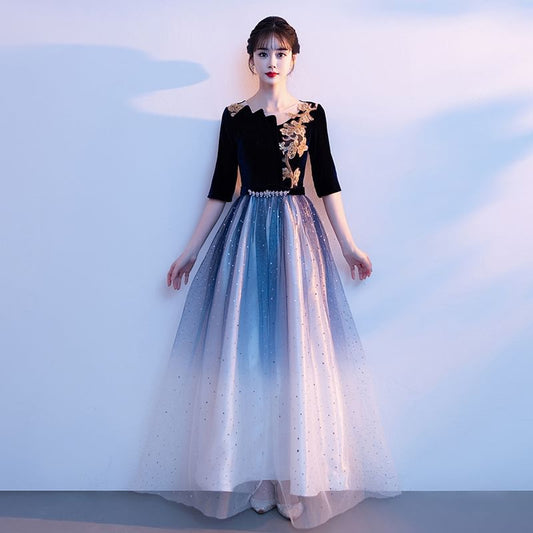 Elbow Sleeve Floral Applique Gradient Panel Mesh A-Line Evening Gown