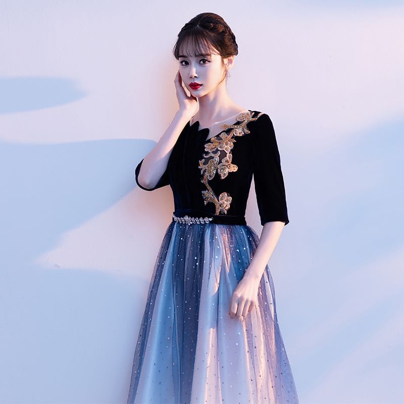 Elbow Sleeve Floral Applique Gradient Panel Mesh A-Line Evening Gown