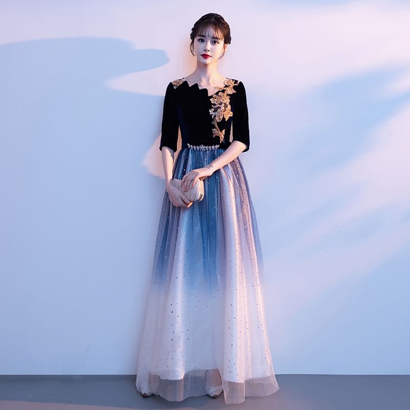 Elbow Sleeve Floral Applique Gradient Panel Mesh A-Line Evening Gown