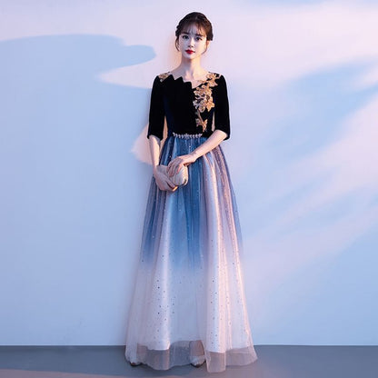 Elbow Sleeve Floral Applique Gradient Panel Mesh A-Line Evening Gown