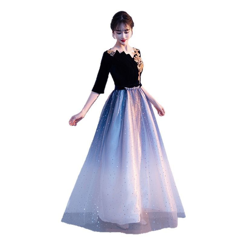 Elbow Sleeve Floral Applique Gradient Panel Mesh A-Line Evening Gown