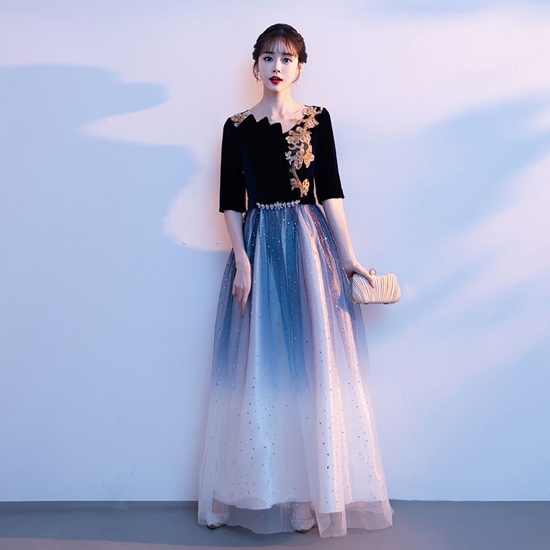 Elbow Sleeve Floral Applique Gradient Panel Mesh A-Line Evening Gown