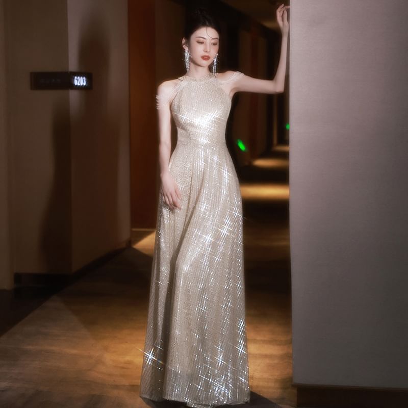 Sleeveless Round Neck Plain Sequin Beaded A-Line Evening Gown