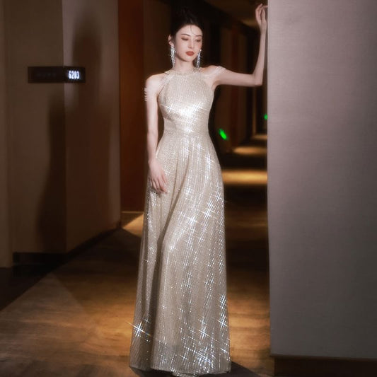 Sleeveless Round Neck Plain Sequin Beaded A-Line Evening Gown