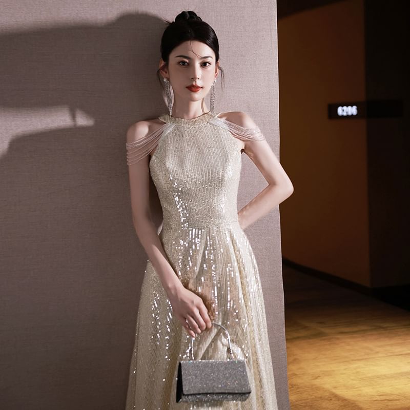 Sleeveless Round Neck Plain Sequin Beaded A-Line Evening Gown